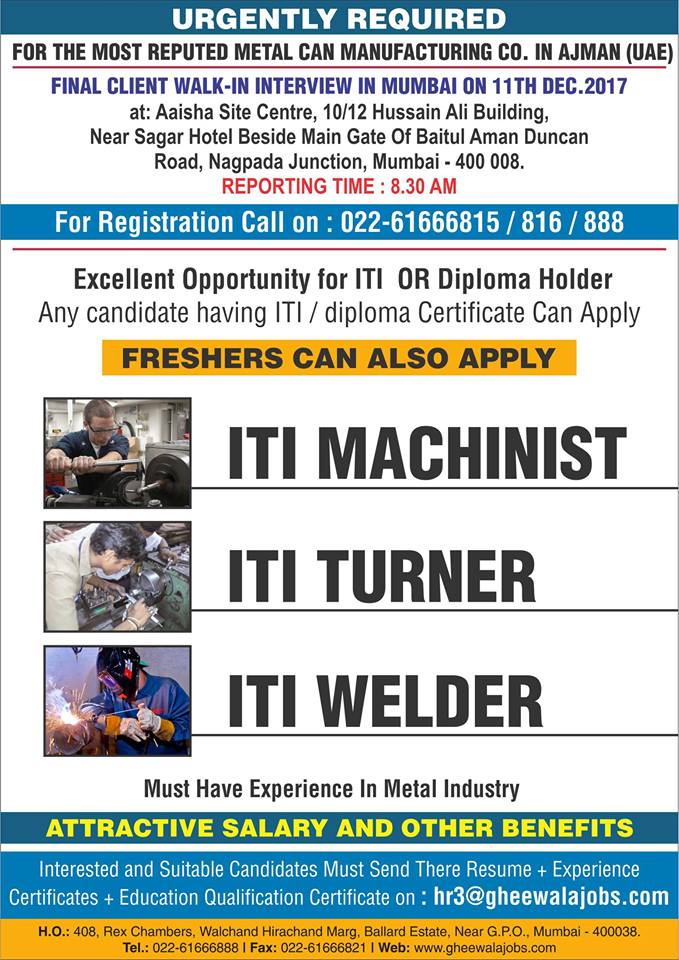 MACHINIST / TURNER / WELDER (ITI) JOBS FRESHERS ALSO CAN APPLY