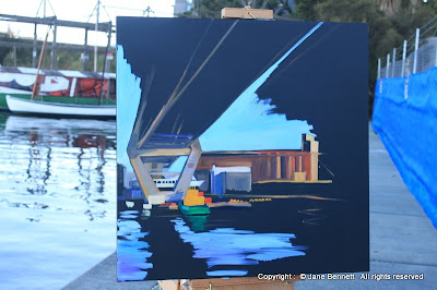 Plein air oil painting of the Anzac Bridge and Glebe Island painted by industrial heritage artist Jane Bennett