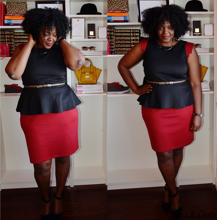 plus size outfit inspiration- burgundy skirt with peplum top