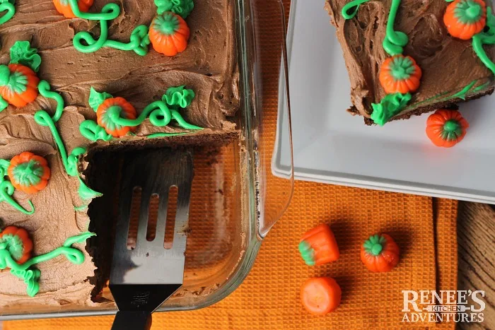 Pumpkin Patch Cake - easy recipe for homemade chocolate cake / chocolate frosting topped with a festive pumpkin patch.  Halloween and Thanksgiving.