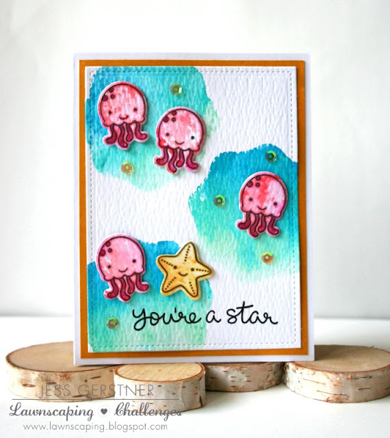 Distress Ink Smooshing to Create an Ocean Background and Color Lawn Fawn Stamps by Jess Gerstner for Lawnscaping