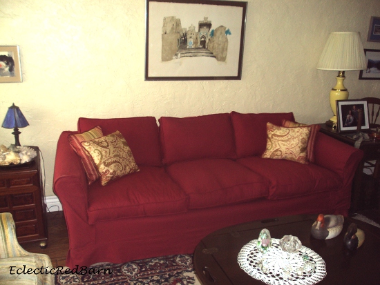 Eclectic Red Barn: Slip covered red couch