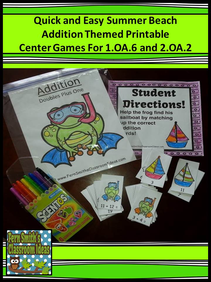 Fern Smith's Summer Beach Addition Printable Center Games For 1.OA.6 and 2.OA.2
