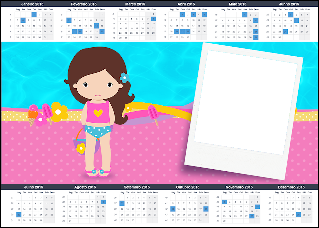 Fiesta en la Piscina para Niña Morena: Imprimibles Gratis. Calendario 2015 para imprimir gratis de Fiesta en la Piscina para Niña Morena.