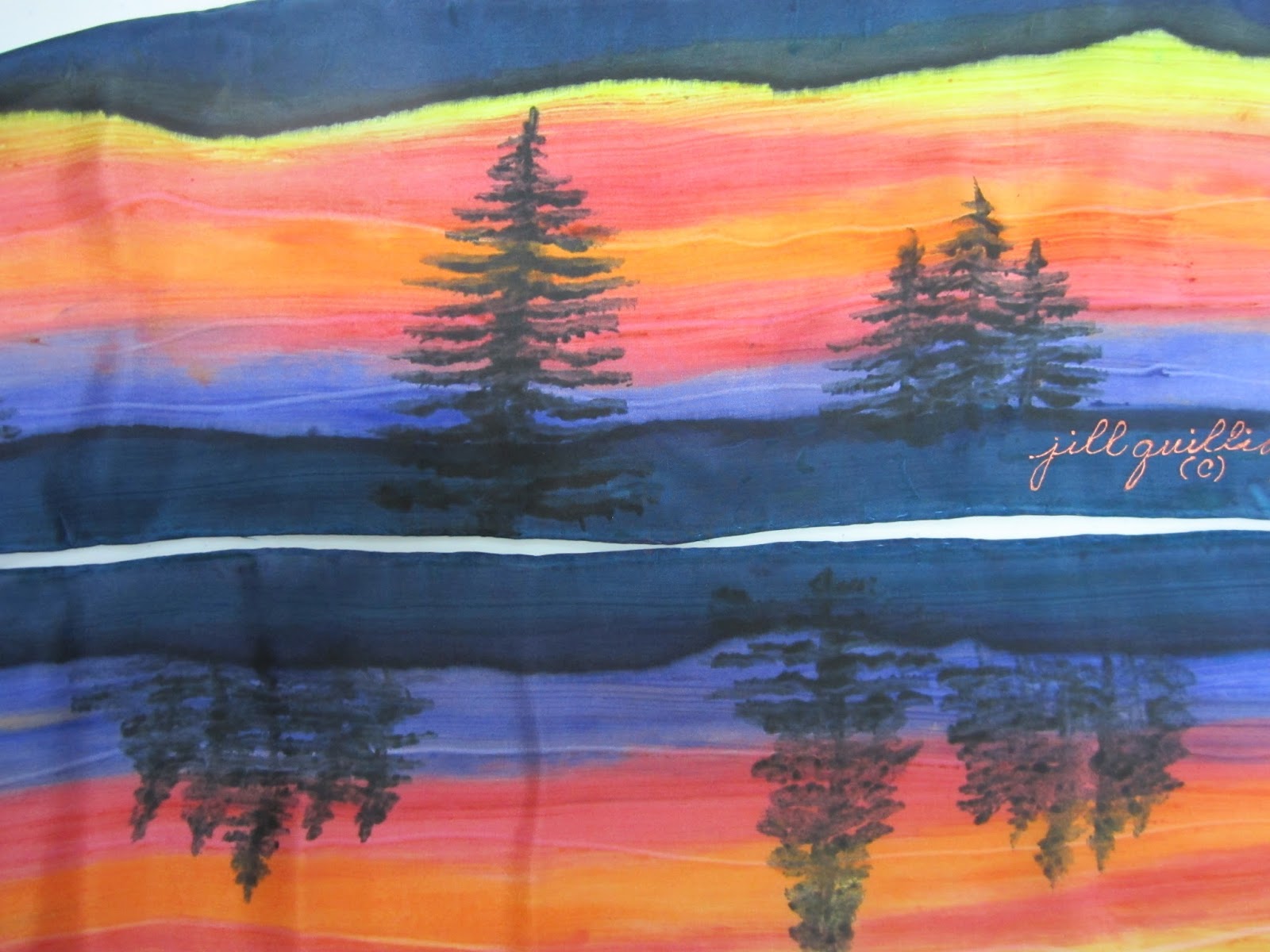 Silks and Art by Jill Paste Paper Sunset with Evergreens