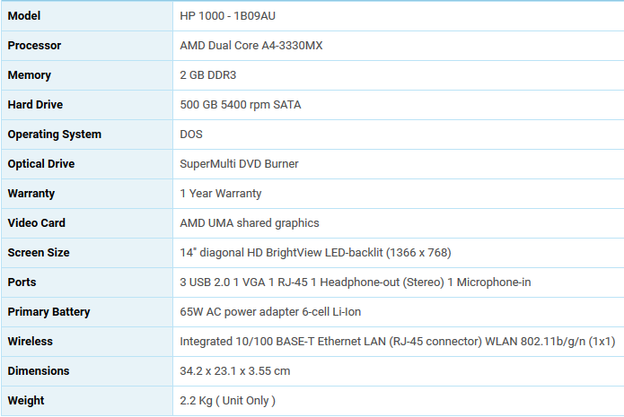 Spesifikasi dan Harga Laptop HP 1000-1b09AU