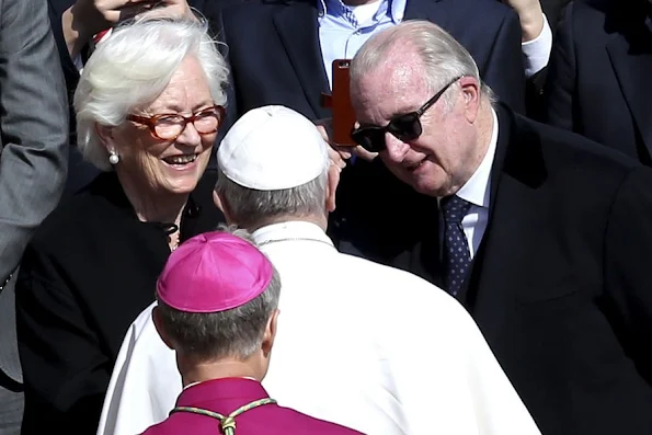 Former King Albert II of Belgium and Queen Paola of Belgium attended the Easter Mass celebrated by Pope Francis in St. Peter's square, Diamond Tiara, diamond erarrings, baracelet, wedding dress, style royal