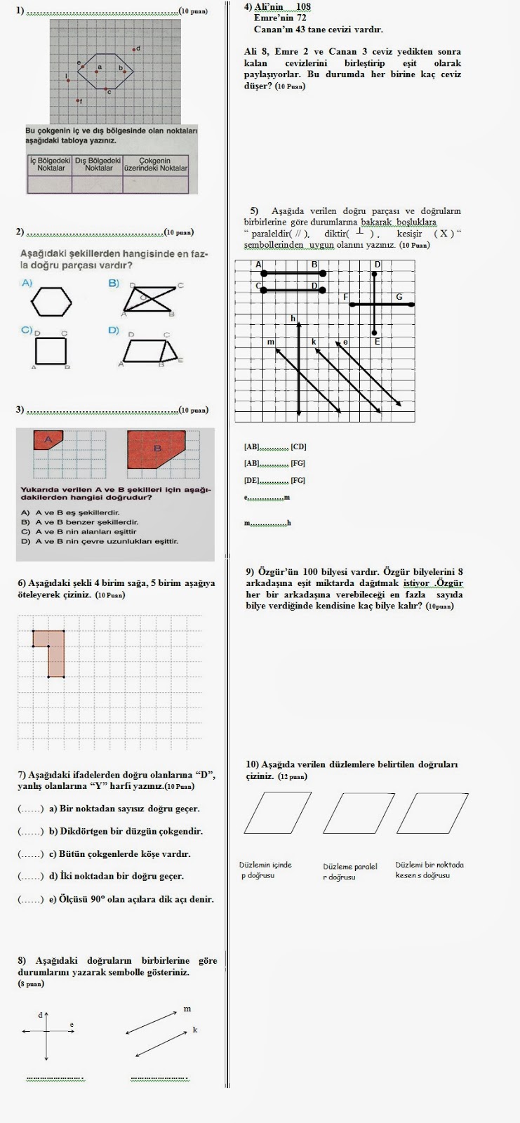 6. Sınıf Matematik 1. Dönem 1. Yazılı Soruları ve Cevapları - Nette Buldum