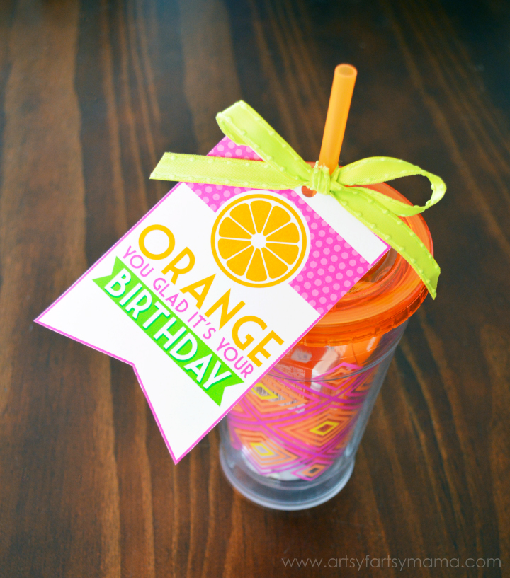 "Orange You Glad It's Your Birthday" Gift Idea and Free Printable Tag at artsyfartsymama.com #birthday #birthdaygiftidea