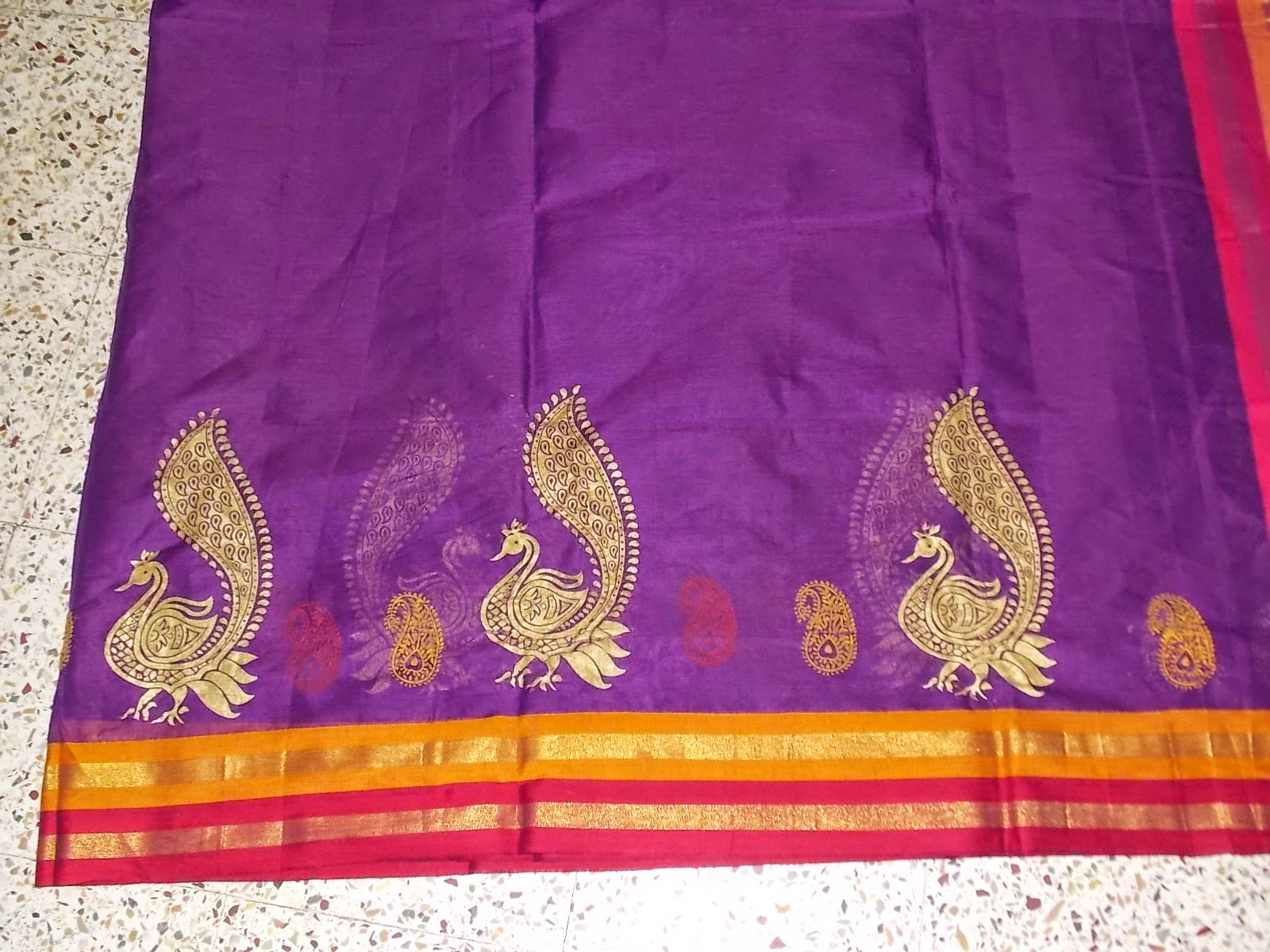 Screen printing on plain cotton saree