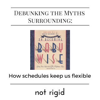 Text: Debunking the Myths Surrounding: How schedules keep us flexible not rigid. Picture: cover of the On Becoming Babywise book