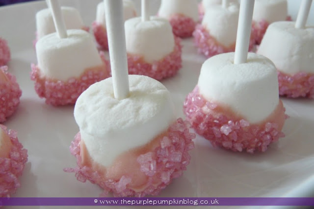 Pink Encrusted Marshmallow Pops for a Baby Shower at The Purple Pumpkin Blog