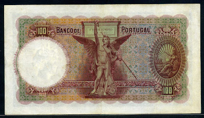 Portuguese paper money 100 Escudos banknote Obelisk at Restauradores Square Lisbon
