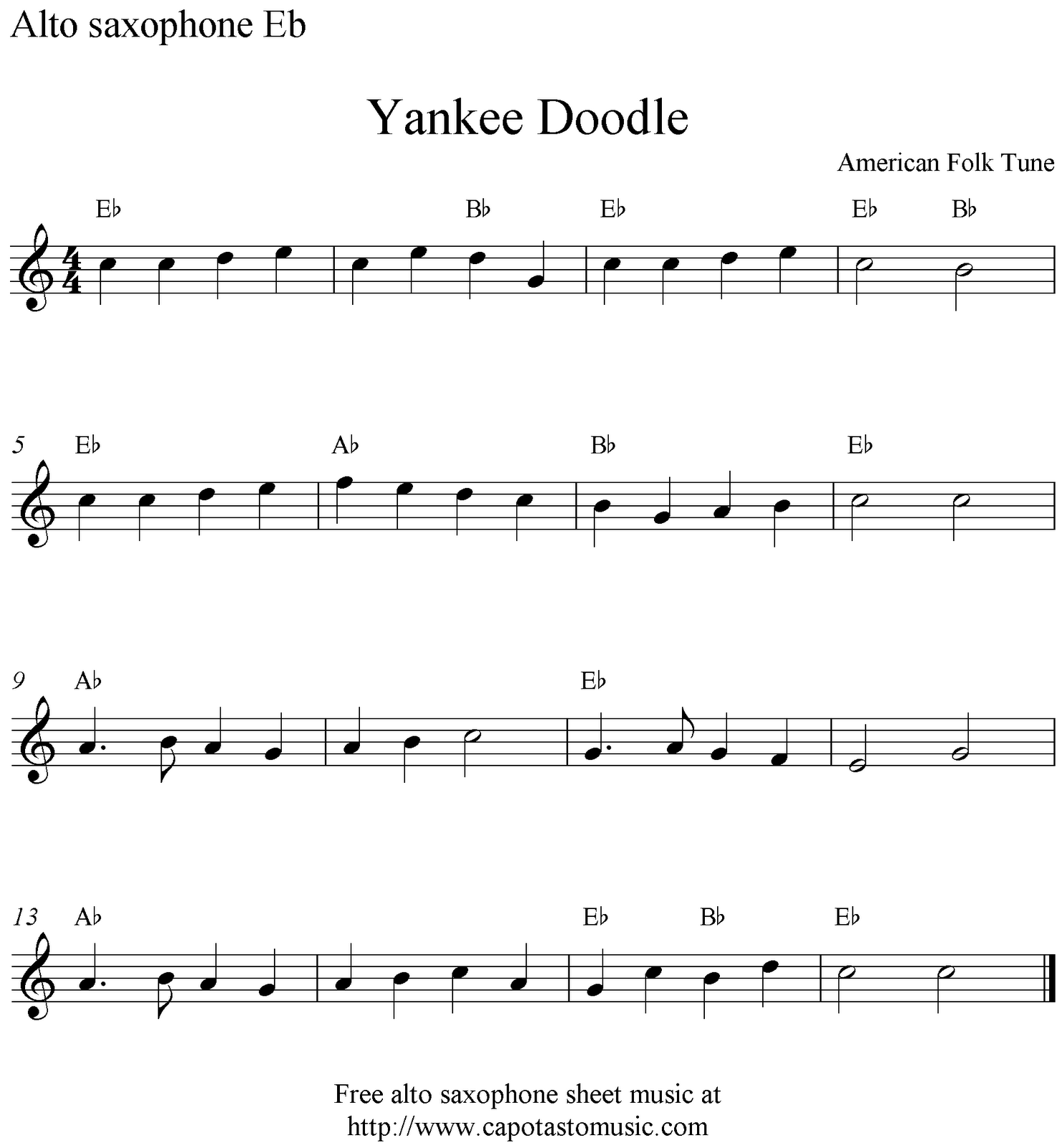 Yankee Doodle Free Alto Saxophone Sheet Music Notes