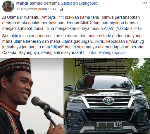 Hati-hati! Banyak Oknum Buat Akun FB Palsu, Akun ini Hina Ustadz Abdul Somad