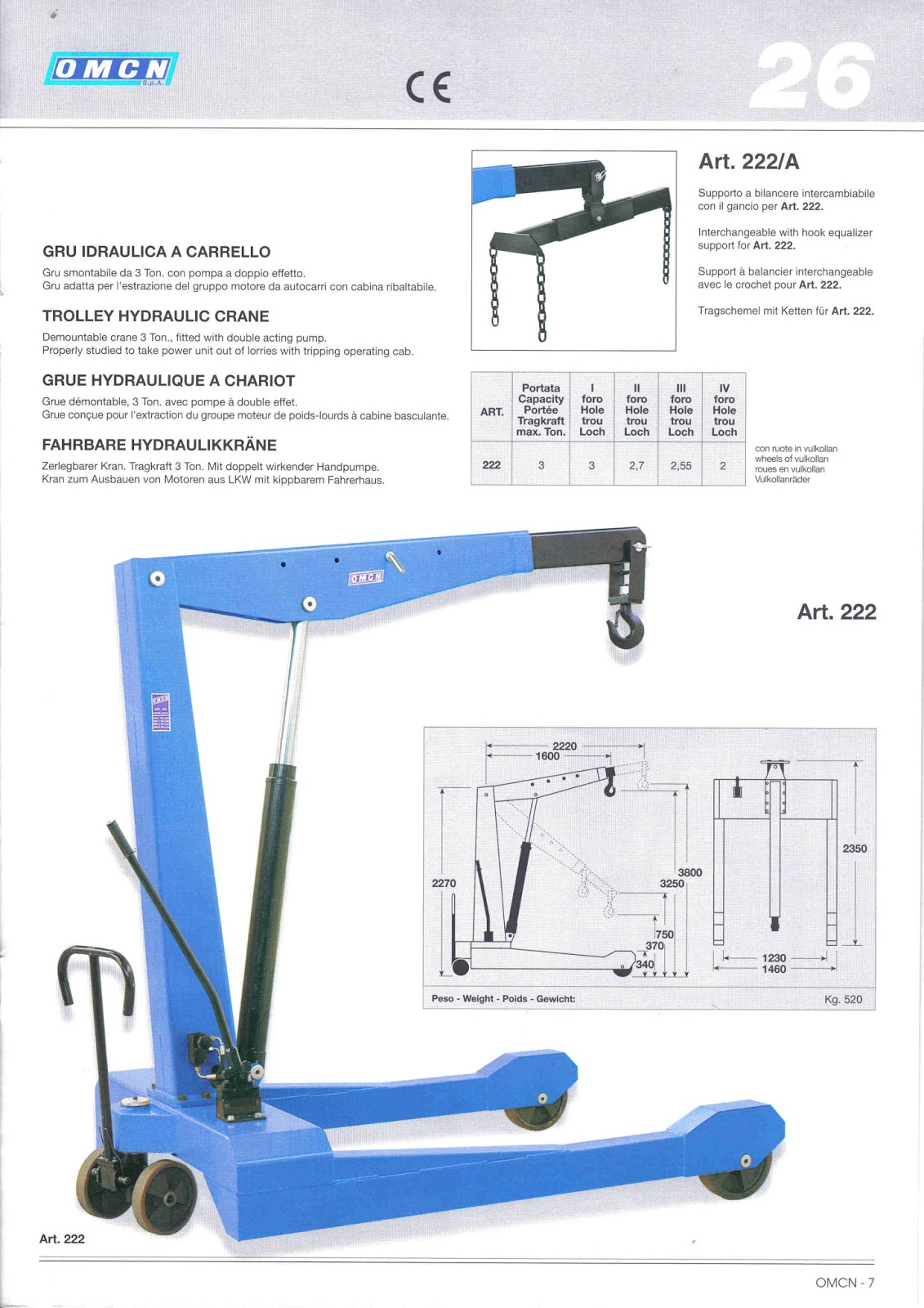 OMCN Trolley Hydraulic Crane ART 222 OMCN HYDRAULIC EQUIPMENT