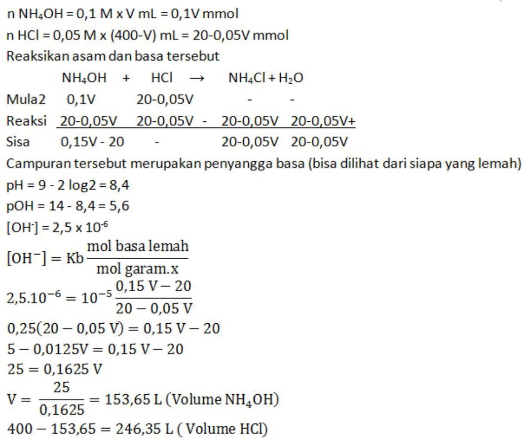 Berapa mL volume NH4OH 0,1 M dan HCl 0,05 M masingmasing
