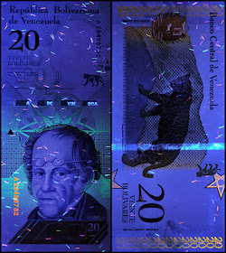 Venezuela Currency 20 Bolivares Soberanos banknote 2018 under ultraviolet light