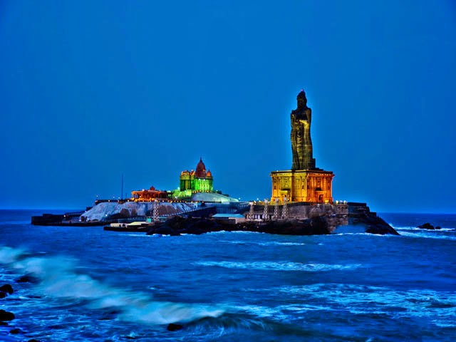 Night View of Thiruvalluvar Statue and Vivekananda Rock Memorial in Kanyakumari