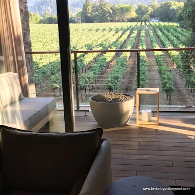 view of Beringer vineyards from guest room at Las Alcobas resort in St. Helena, California