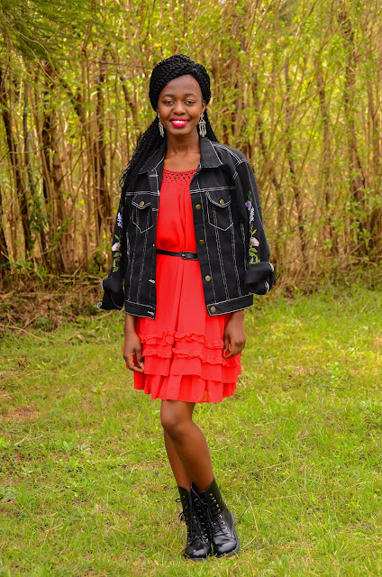Wearing An Embroidered Black Denim Jacket Outfit With A Dress