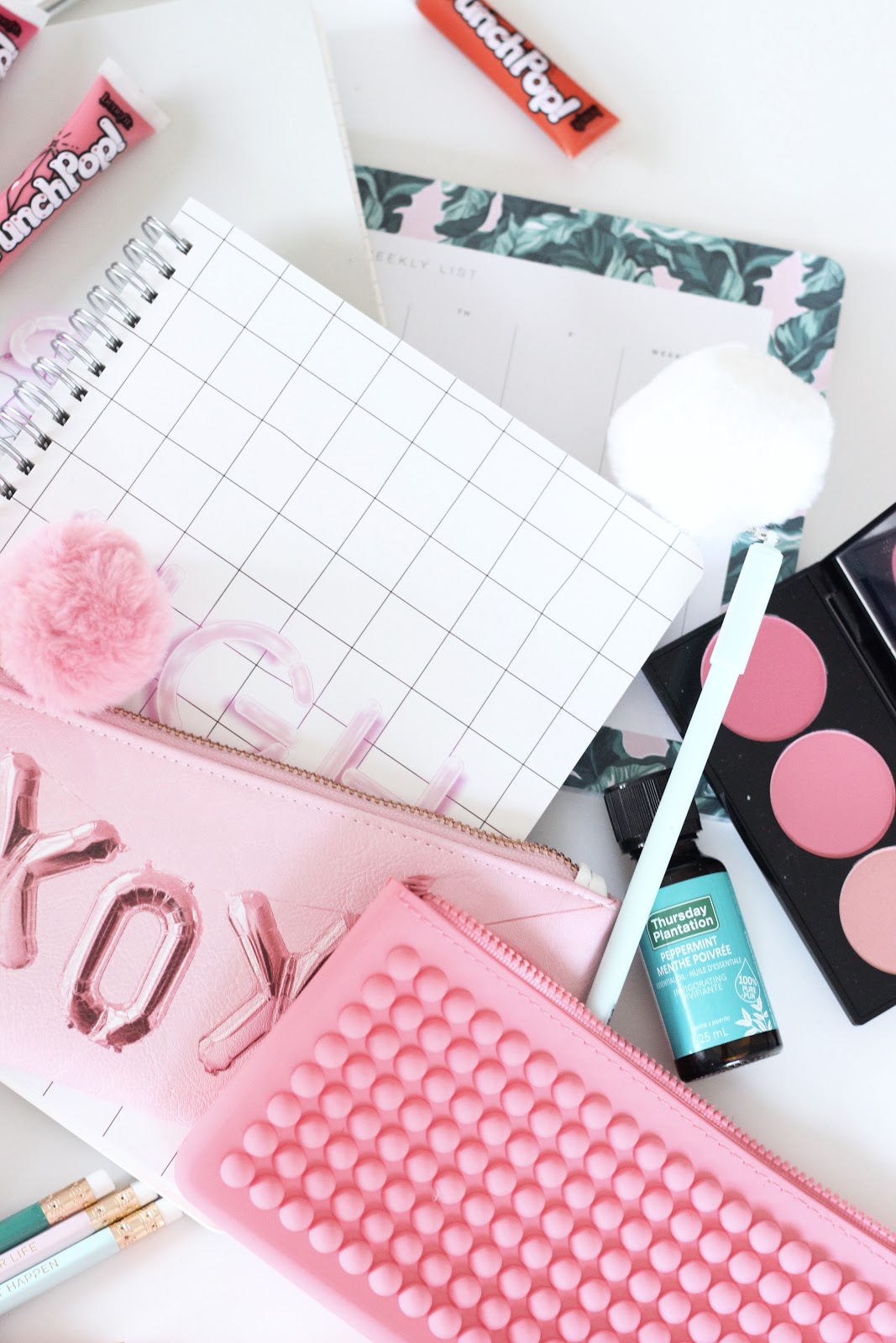 Back to school essentials- Thursday Plantation peppermint oil, Benefit Punch Pop, smashbox, Always X Always weekly note pad, Hobbry, Waterever Forever, Indigo, Saje, Bando 