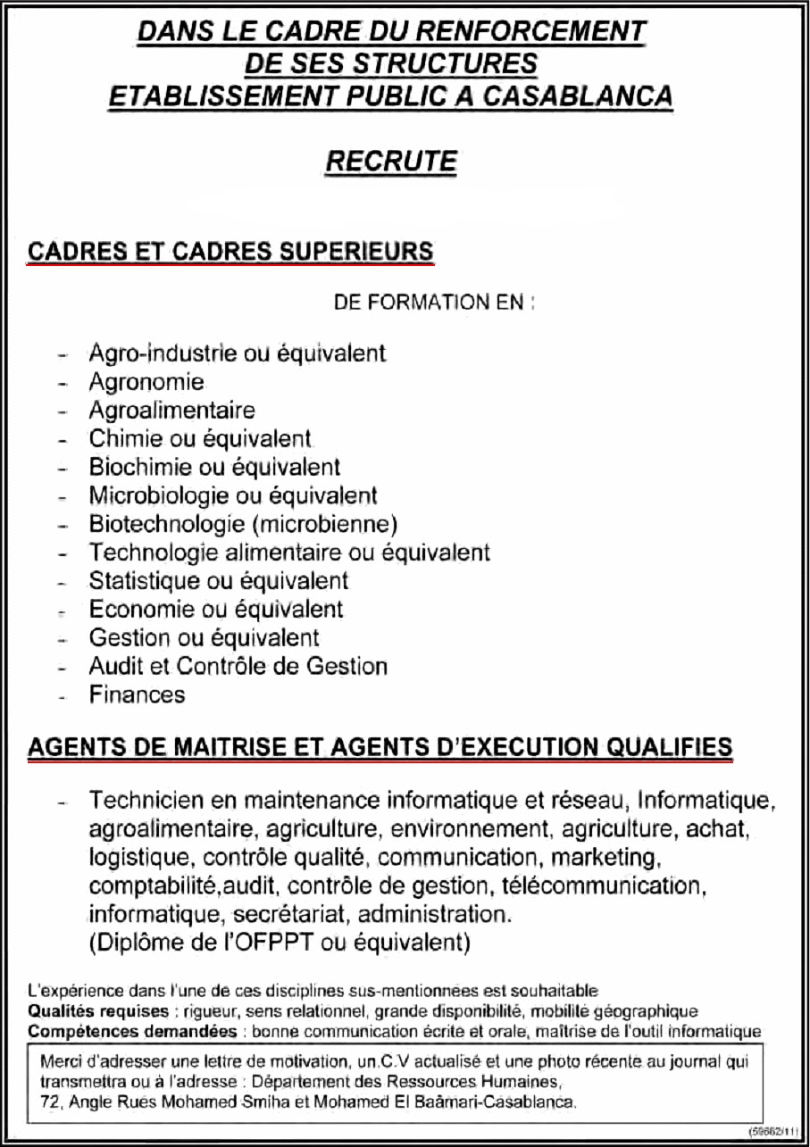 Etablissement Autonome de Contrôle et de Coordination des Exportations recrute cadre et cadres