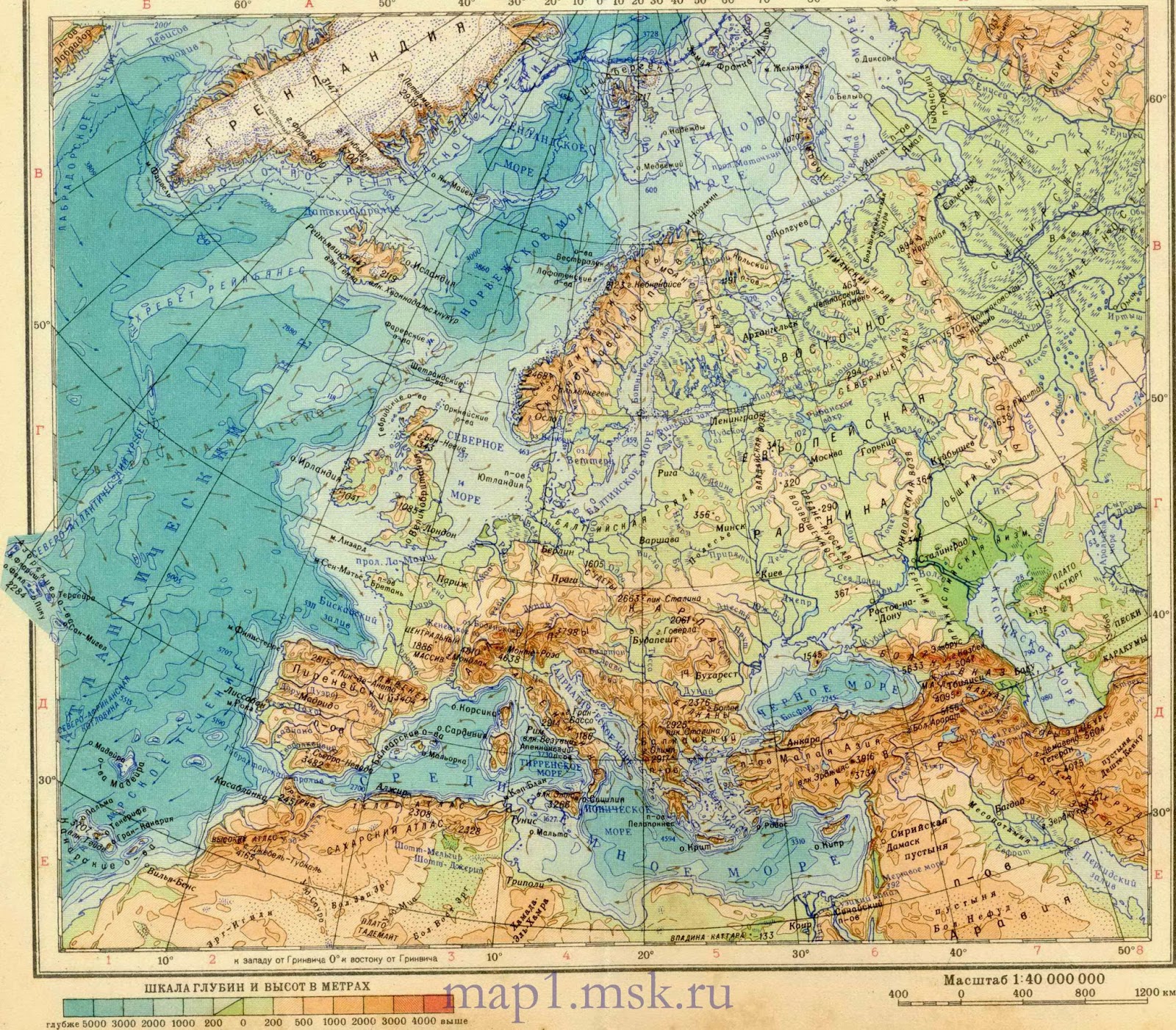 Самые высокие горы зарубежной европы. Физическая карта зарубежной Европы горы. Географическая карта Европы с широтами. Географическая карта Европы подробная. Физическая карта Европы атлас.
