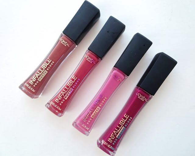 a picture of L'Oreal Infallible Pro Matte Gloss in Statement Nude, Nude Allude, Blushing Ambition, Forbidden Kiss