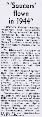 German Saucers First Flown in 1944 - Auckland Star 11-20-1954