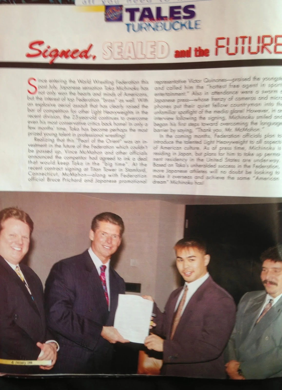 WWF MAGAZINE - JANUARY 1998 - Taka Michinoku signs with the World Wrestling Federation