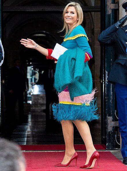 Queen Maxima wore Claes Iversen colorfull dress. Princess Beatrix. American composer and conductor John Adams