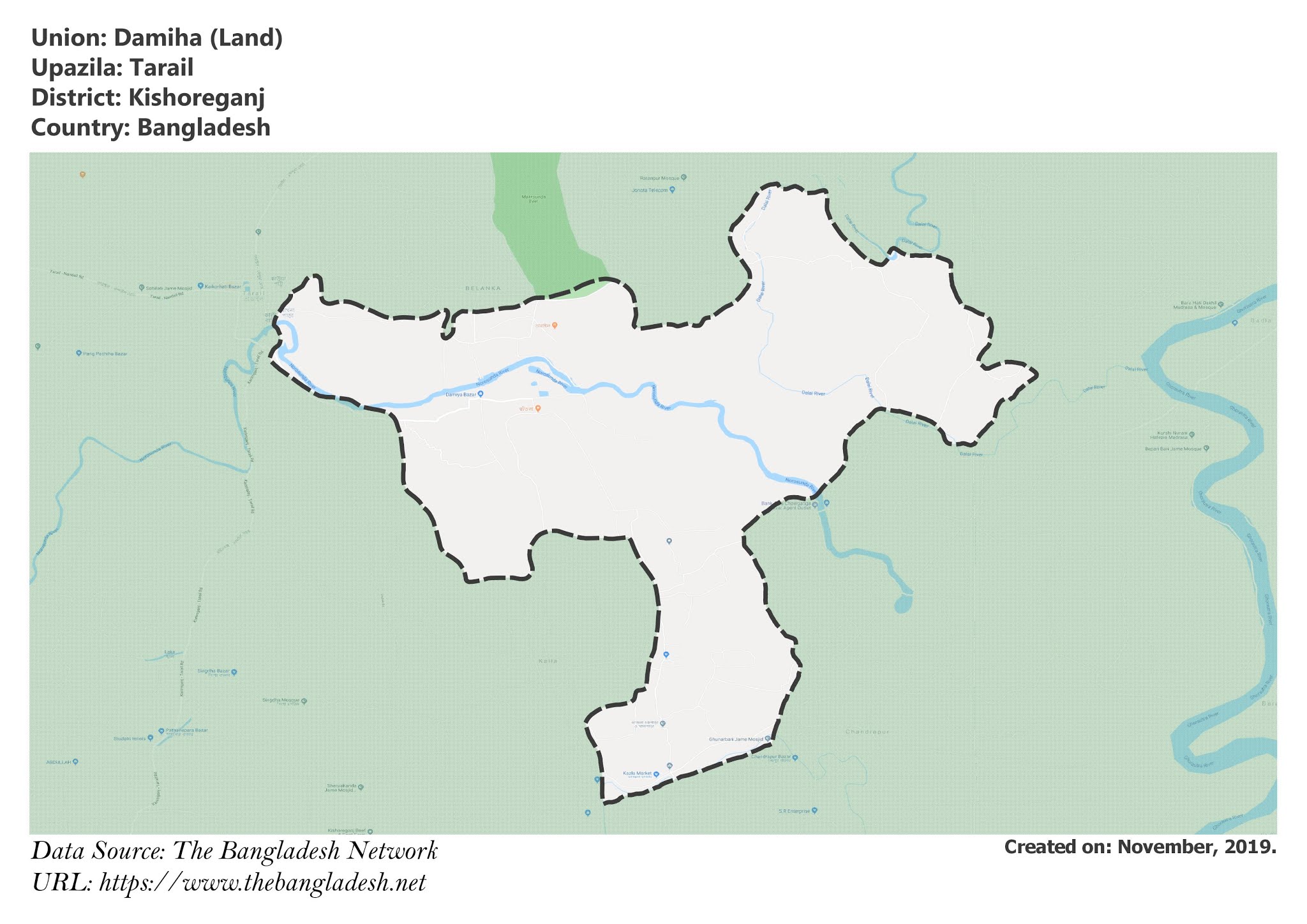 Map of Damiha of Kishoreganj, Bangladesh.