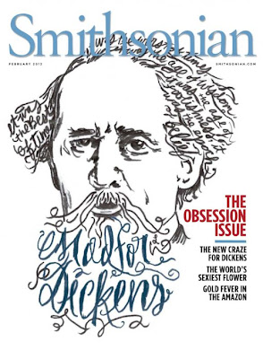 Smithsonian cover with image of Charles Dickens, with his hair and beard made out of scrawled words