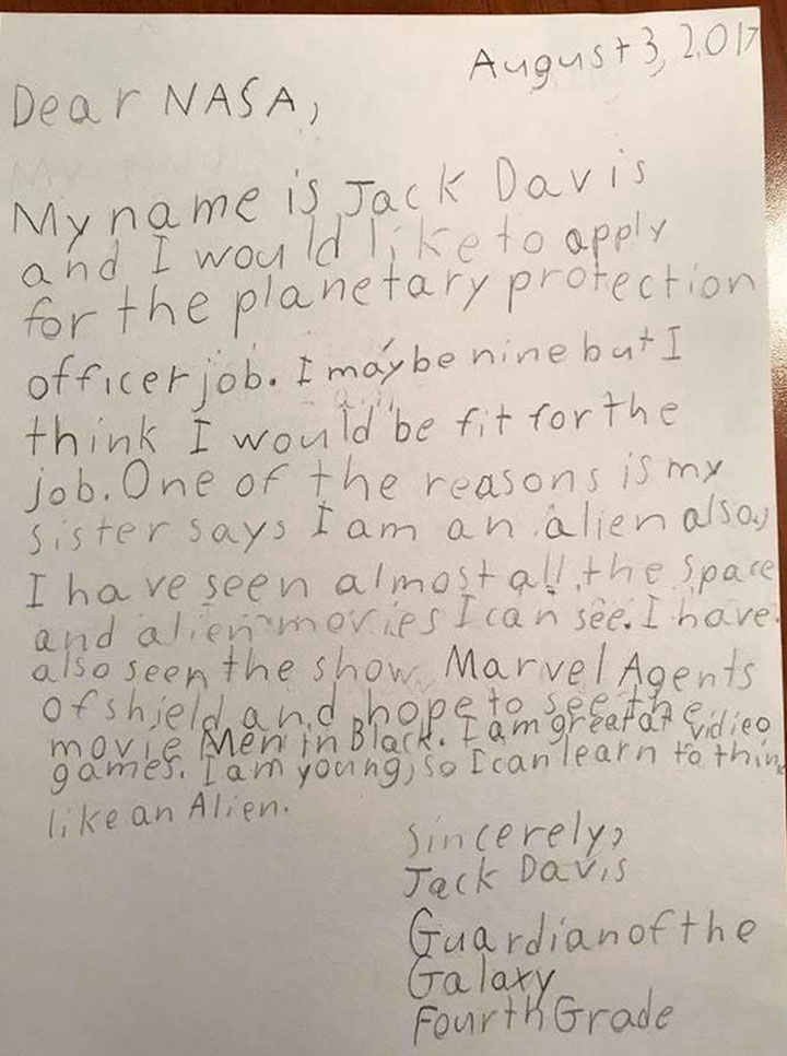 Surat Jack Davis, Budak Lelaki 9 Tahun Mohon Kerja di NASA