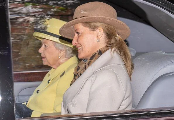 The Countess of Wessex wore a wool coat by Max Mara. Queen Elizabeth, Prince Charles, Princess Anne, Prince Edward and Lady Louise Windsor