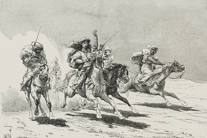 Black and white painting of warriors riding horses