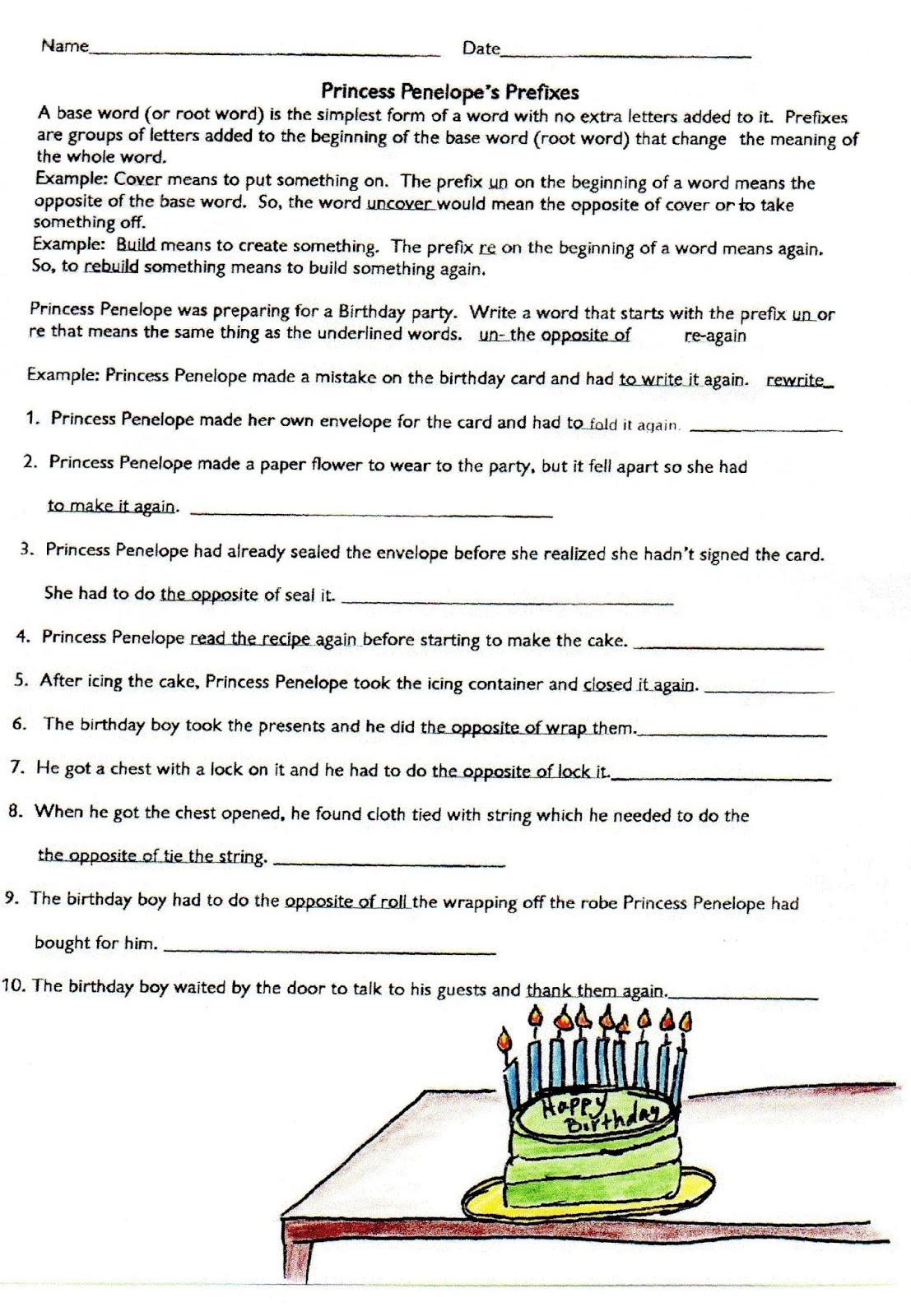 Ima Retired Teacher: Princess Penelope's Prefixes Activity 2