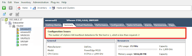 The number of vSphere HA heartbeat datastores for host is 1, which is less than required: 2