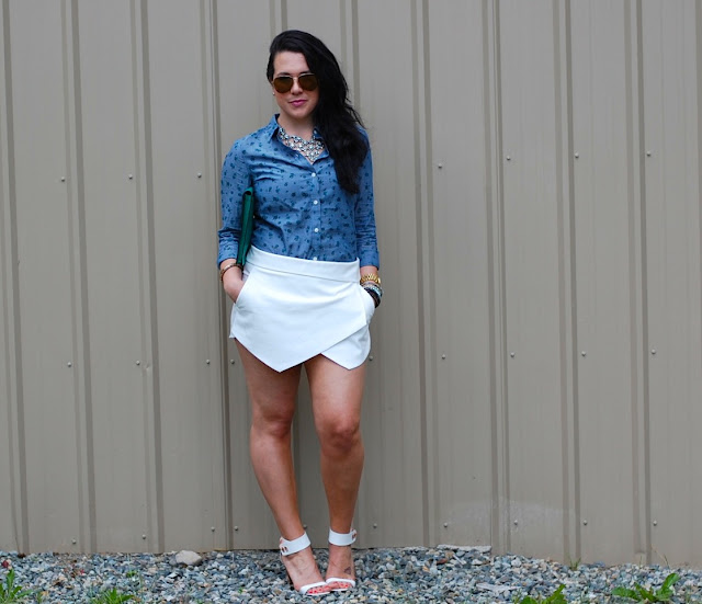 Old Navy floral blouse, Zara white skort, Coach Legacy clutch, Louis Vuitton bangle, white leather Topshop heels