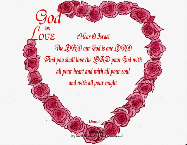 heart made of red roses with scripture written in center and God is love written on the side