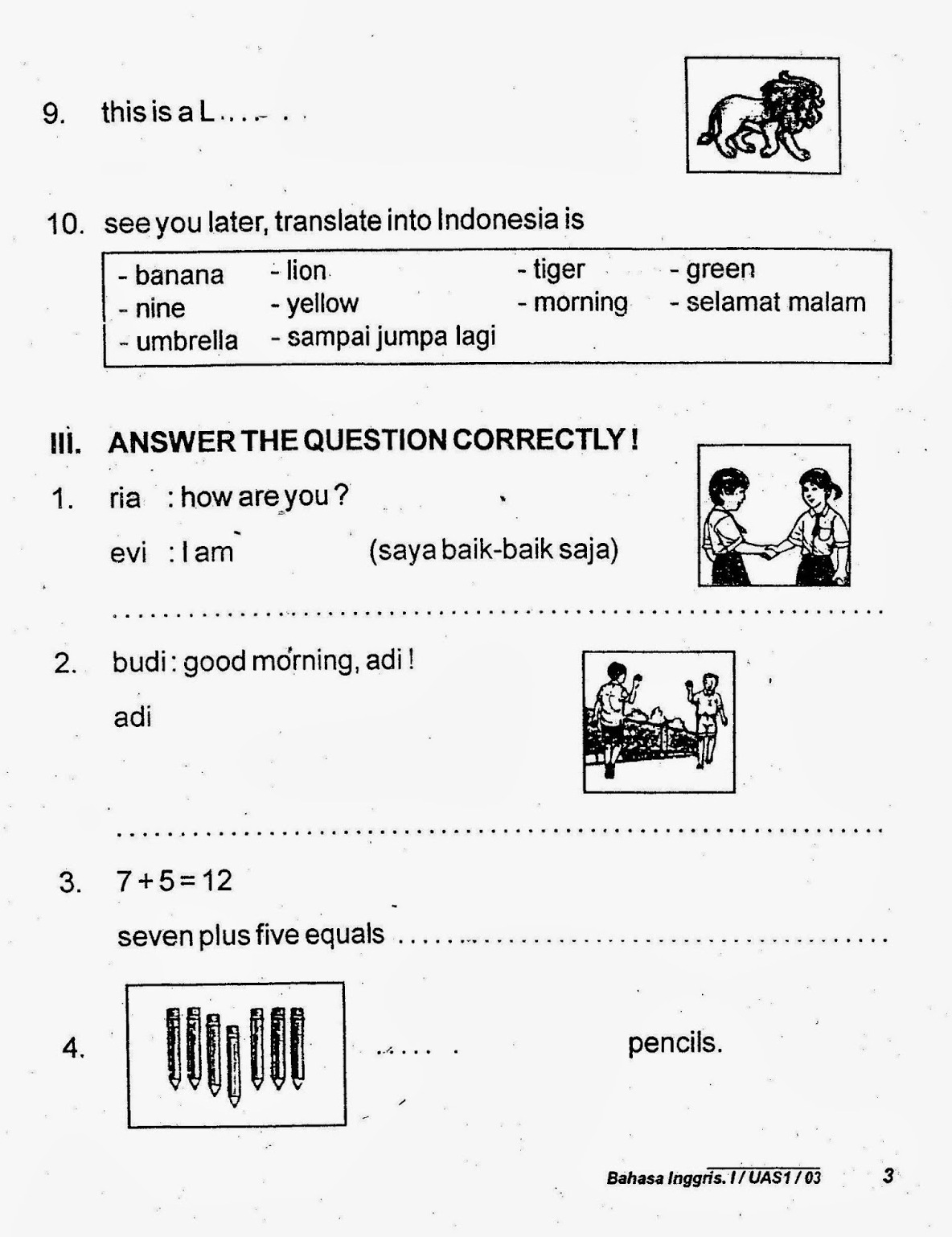 Soal UAS Bahasa Inggris Kelas 1 Semester 1/ Ganjil Kumpulan Soal Test