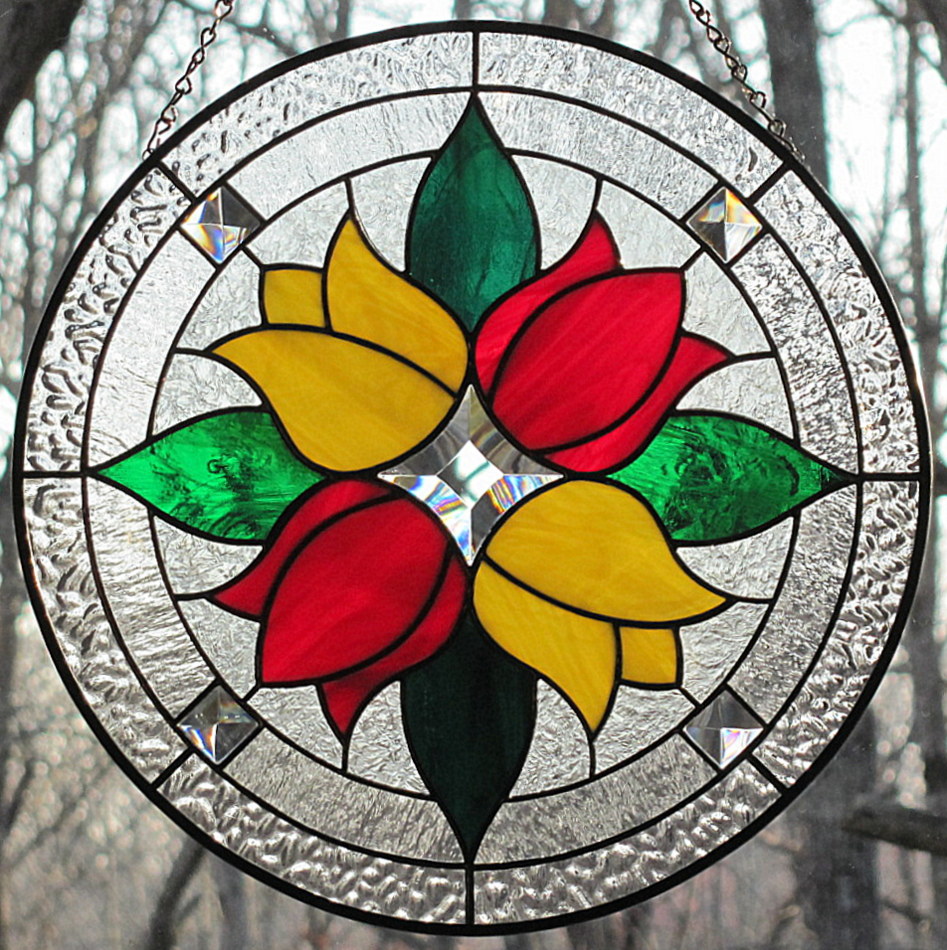 Living Glass Art Stained glass tulips in red and yellow