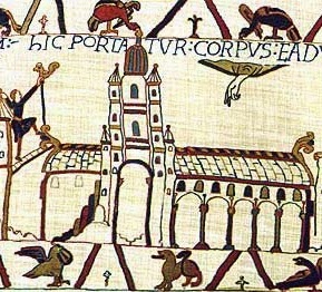 Image from teh Bayeux Tapestry of the old Westminster Abbey, built by Edward the Confessor