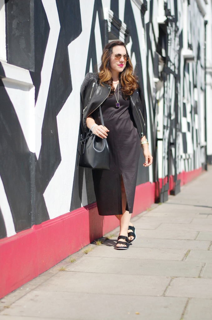 An outfit post featuring a Helmut Lang midi dress, H&M Icons jacket and a Mansur Gavriel bucket bag by Vancouver blogger Aleesha Harris of Covet and Acquire.