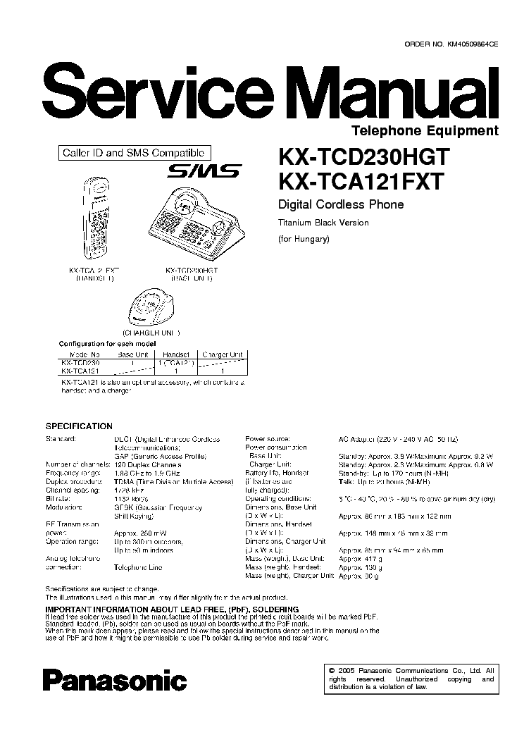 PANASONIC KXTCD230HG free download schematic diagram and service