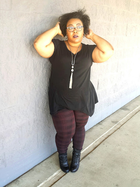 plus size, glam goth, confidence, fashion, black tunic, vampy lip, stacked booties, print leggings