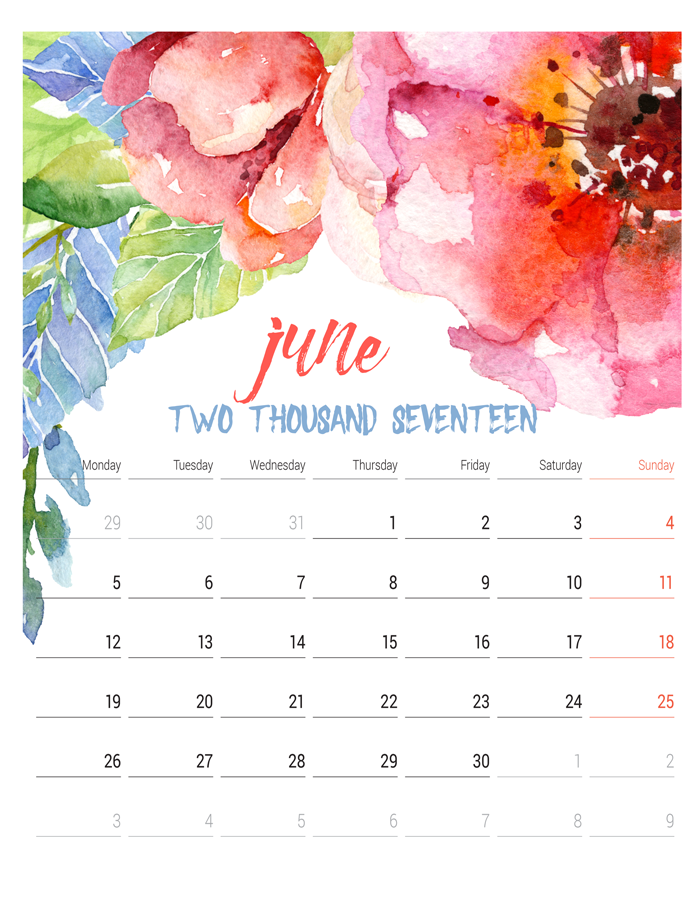 2017 Printable Watercolor Calendar | This beautiful 12-month calendar is the perfect accent to any decor. Instantly print and display. Each page fits an 8x10 frame. 