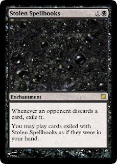 Whenever an opponent discards a card, exile it. You may play cards exiled with Stolen Spellbooks as if they were in your hand.