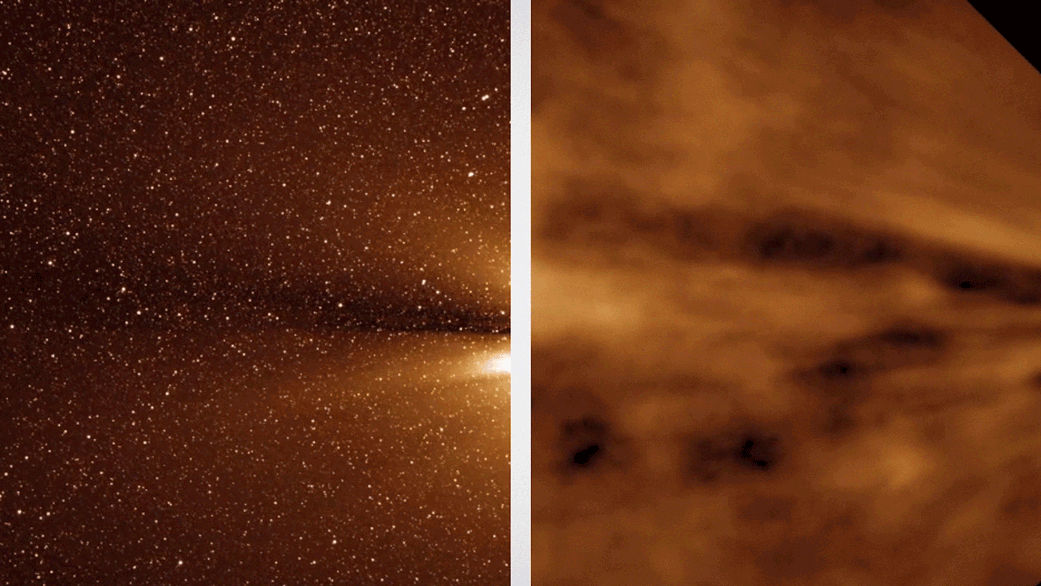 Una vista del viento solar anterior (izquierda) y postproceso (derecha)